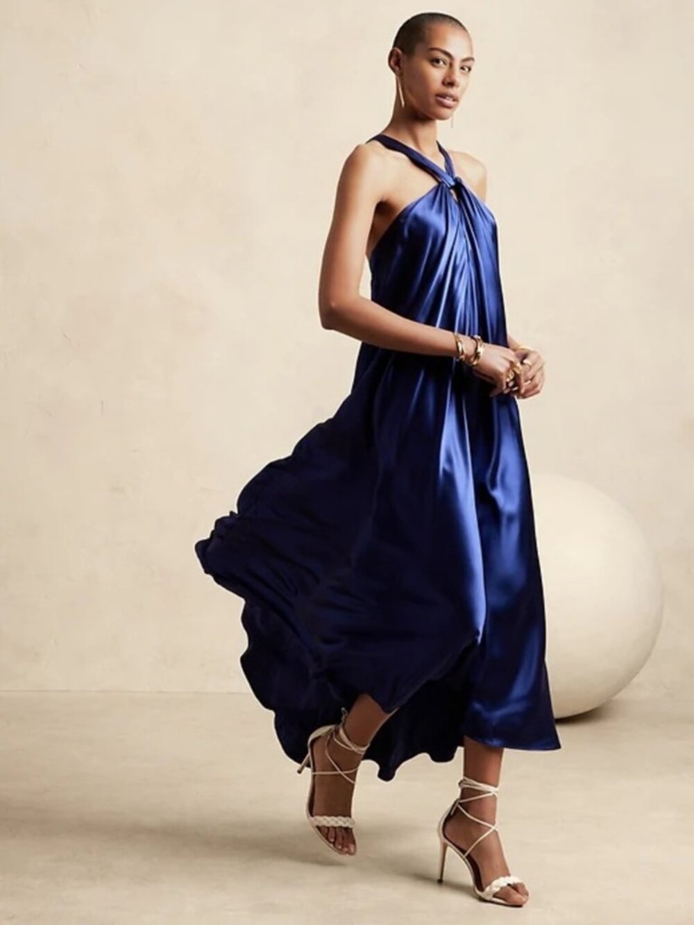 Banana Republic BELAY Silk Dress Blue Satin Halter Maxi Gown Size Medium Like Ne